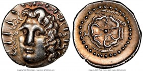 CARIAN ISLANDS. Rhodes. Ca. 84-30 BC. AR drachm (19mm, 7h). NGC Choice XF. Radiate head of Helios facing, turned slightly left, hair parted in center ...