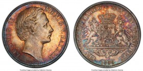 Bavaria. Ludwig II Taler 1866 MS65 PCGS, KM886.1. No part in hair variety. Beautifully toned in gold, red and blue shades. 

HID09801242017

© 202...