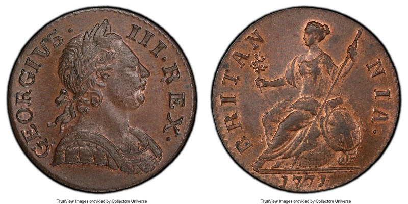George III 1/2 Penny 1771 MS65 Brown PCGS, KM601, S-3774. 

HID09801242017

...