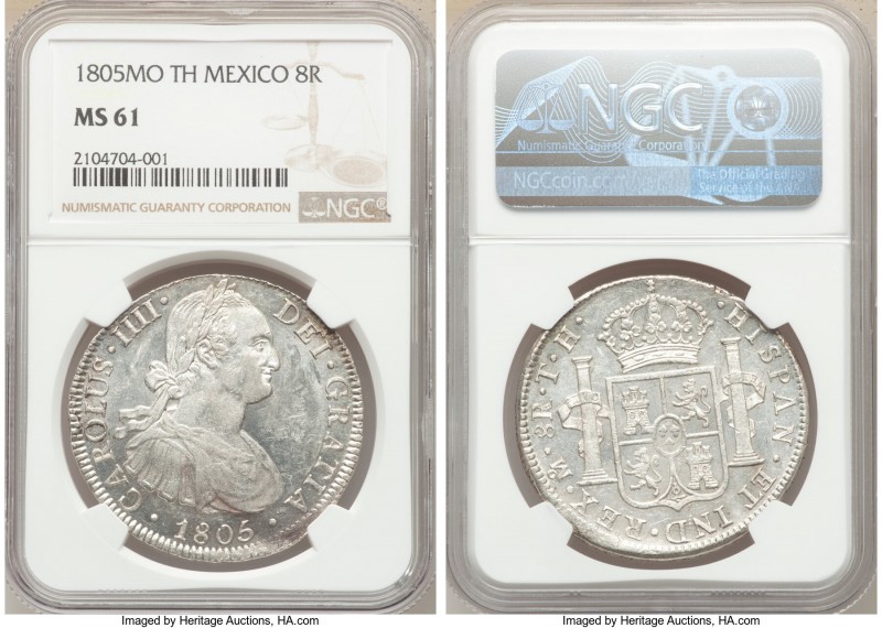 Charles IV 8 Reales 1805 Mo-TH MS61 NGC, Mexico City mint, KM109. Conservatively...