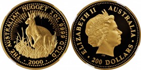AUSTRALIA

AUSTRALIA. Gold 200 Dollars, 2000-P. Perth Mint, Kangaroo Series. NGC PROOF-69 Ultra Cameo.

Fr-B9; KM-Unlisted. AGW: 2 oz. A highly at...
