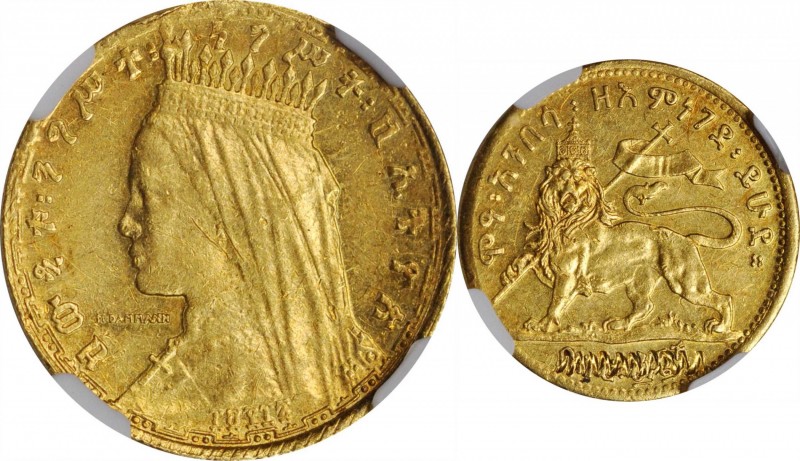 ETHIOPIA

ETHIOPIA. Gold 1/8 Birr, EE 1917 (1925). Addis Ababa Mint. NGC AU-58...