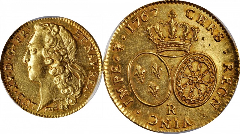 Louis XV and earlier (through 1774)

FRANCE. 2 Louis d'Or, 1767-R. Orleans Min...