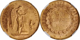 Third Republic to current (since 1870)

FRANCE. 50 Francs, 1904-A. Paris Mint. NGC MS-62.

Fr-591; KM-831; Gad-1113. A nicely preserved example of...