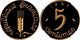 Third Republic to current (since 1870)

FRANCE. Gold 5 Centimes Piefort, 1961. Paris Mint. NGC PROOF-64 Ultra Cameo.

KM-PE337. Mintage: 20. Boldl...