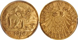 GERMAN EAST AFRICA

GERMAN EAST AFRICA. 15 Rupien, 1916-T. Tabora Mint. PCGS AU-55 Gold Shield.

Fr-1; KM-16.1. Variety with the arabesque ending ...