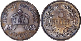 GERMAN EAST AFRICA

GERMAN EAST AFRICA. 5 Heller, 1909-J. Hamburg Mint. PCGS PROOF-62 Brown Gold Shield.

KM-11. Mintage: 60. INCREDIBLY RARE as a...