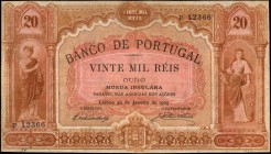 AZORES

AZORES. Banco de Portugal. 20 Mil Reis, 1905. P-13. Very Fine.

Overprint "Moeda Insulana." Allegorical figures at left and right on the f...