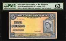 BAHAMAS

BAHAMAS. Government of the Bahamas. 5 Pounds, 1936 ND (1963). P-16d. PMG Choice Uncirculated 63.

Printed by TDLR. Printed signatures of ...