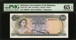 BAHAMAS

BAHAMAS. Government of the Bahamas. 10 Dollars, 1965. P-22a. PMG Gem Uncirculated 65 EPQ.

Printed by TDLR. A popular 1965 10 Dollar note...