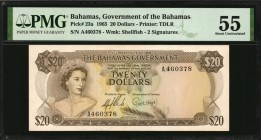BAHAMAS

BAHAMAS. Government of the Bahamas. 20 Dollars, 1965. P-23a. PMG About Uncirculated 55.

Printed by TDLR. Watermark of shellfish. 2 signa...