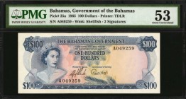 BAHAMAS

BAHAMAS. Government of the Bahamas. 100 Dollars, 1965. P-25a. PMG About Uncirculated 53.

Printed by TDLR. 2 signatures. PMG has encapsul...