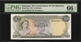 BAHAMAS

BAHAMAS. Central Bank of the Bahamas. 10 Dollars, 1974. P-38a. PMG Gem Uncirculated 66 EPQ.

First issue of this Queen Elizabeth II denom...