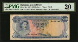 BAHAMAS

BAHAMAS. Central Bank of the Bahamas. 100 Dollars, 1974. P-41a. PMG Very Fine 20.

Printed by TDLR. Watermark of shellfish. Printed signa...