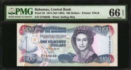 BAHAMAS

BAHAMAS. Central Bank of the Bahamas. 100 Dollars, 1974 (ND 1992). P-56. PMG Gem Uncirculated 66 EPQ.

Printed by TDLR. Wonderful use of ...
