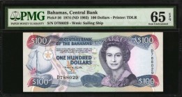 BAHAMAS

BAHAMAS. Central Bank of the Bahamas. 100 Dollars, 1974 (ND 1992). P-56. PMG Gem Uncirculated 65 EPQ.

Printed by TDLR. Watermark of sail...