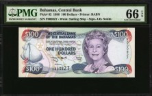 BAHAMAS

BAHAMAS. Central Bank of the Bahamas. 100 Dollars, 1996. P-62. PMG Gem Uncirculated 66 EPQ.

Printed by BABN. A low serial number of "F00...