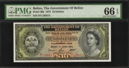 BELIZE

BELIZE. Government of Belize. 10 Dollars, 1975. P-36b. PMG Gem Uncirculated 66 EPQ.

One of the more popular QEII design types with this 1...