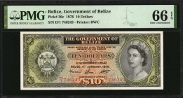 BELIZE

BELIZE. Government of Belize. 10 Dollars, 1976. P-36c. PMG Gem Uncirculated 66 EPQ.

Printed by BWC. QEII at right, seal at left. A colorf...