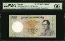 BHUTAN

BHUTAN. Royal Monetary Authority of Bhutan. 100 Ngultrum, 2006-15. P-32sp. Specimen. PMG Gem Uncirculated 66 EPQ.

Watermark of King J.D. ...
