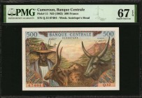 CAMEROON

CAMEROON. Banque Centrale. 500 Francs, ND (1962). P-11. PMG Superb Gem Uncirculated 67 EPQ.

Good centering along with vibrant ink and a...