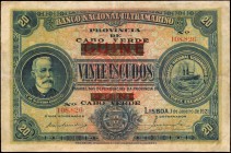 CAPE VERDE

CAPE VERDE. Banco Nacional Ultramarino. 20 Escudos, 1921. P-29. Fine.

Black "Provincia de Cabo Verde" overprint on face with "Cabo Ve...
