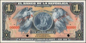 COLOMBIA

COLOMBIA. Banco de la Republica. 1 Peso Oro, 1938. P-385s. Specimen. Commemorative. PMG Superb Gem Uncirculated 68 EPQ.

Printed by ABNC...