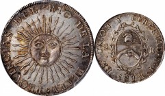 ARGENTINA

The Finest Example Seen - The Only Mint State Example Certified 

ARGENTINA. 2 Reales, 1813-PTS J. Potosi Mint. PCGS MS-63 Gold Shield....