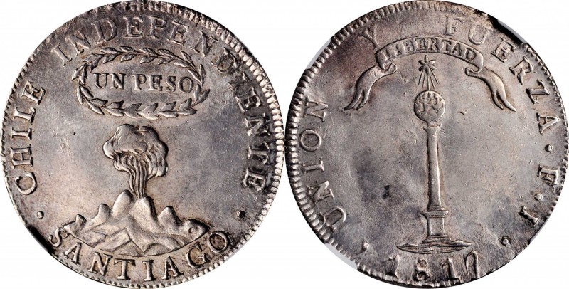 CHILE

CHILE. Peso, 1817-SANTIAGO FJ. Santiago Mint. NGC MS-62.

KM-82.2. Mi...
