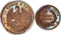 CHILE

CHILE. Copper 1/2 Decimo Pattern, 1868-So. Santiago Mint. PCGS SPECIMEN-66 Brown Gold Shield.

KM-Pn13 (of KM-137.2). An EXTREMELY RARE cop...