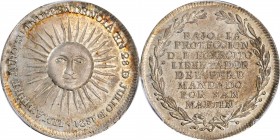 PERU

PERU. Independence Silver Proclamation Medal, 1821. PCGS MS-63 Gold Shield.

Fonrobert-8998. Weight: 9.9 gms. Obverse: Radiant sunface; Reve...