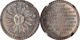 PERU

PERU. South Peru (State of). Independence Medallic 4 Reales, 1836. NGC AU-58.

Fonrobert-9227; Zapata-836.02. Obverse: Coat-of-arms motif wi...