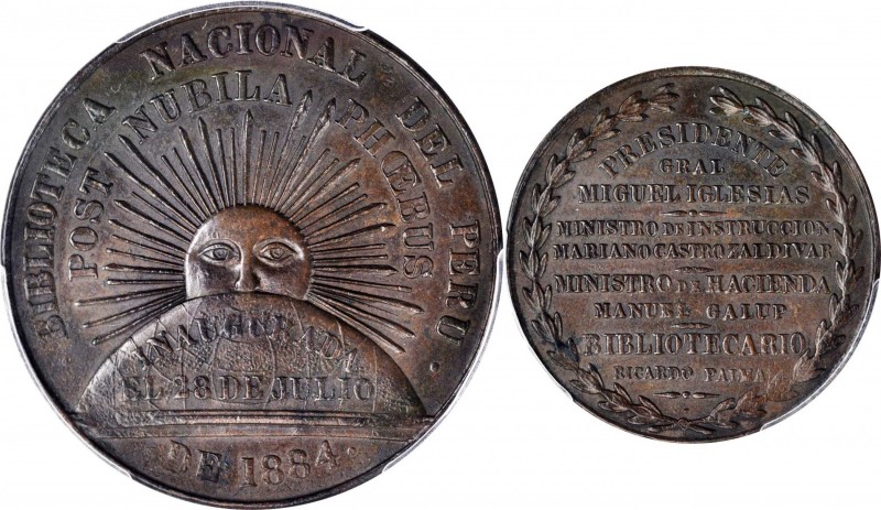 PERU

PERU. National Library Inauguration Copper Medal, 1884. PCGS MS-62 Brown...