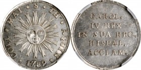 SPAIN

SPAIN. Seville. Silver Charles IV Proclamation Medal, 1789. NGC MS-63.

Herrera-98. Obverse: Radiant sunface; Reverse: 5-line inscription. ...