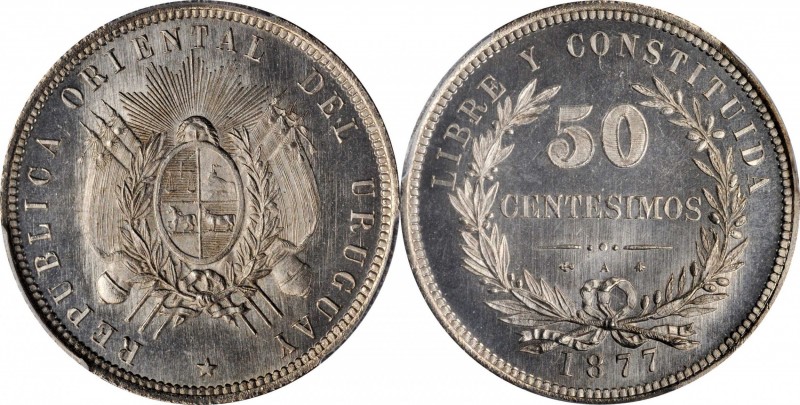 URUGUAY

Likely the Finest Extant

URUGUAY. 50 Centesimos, 1877-A. Paris Min...