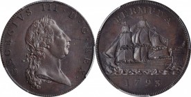 BERMUDA

BERMUDA. Bronzed Copper Penny, 1793. London Mint. George III. PCGS PROOF-64 Gold Shield.

KM-5a; Prid-5a. Mintage: 50. Sharply detailed w...