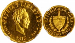 CUBA

CUBA. 4 Pesos, 1915. Philadelphia Mint. NGC PROOF-64 Cameo.

Fr-5; KM-18. Mintage: 100. This RARE and ever popular issue is always sought af...