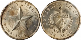 CUBA

CUBA. Silver Peso, 1915. Philadelphia Mint. NGC MS-62.

KM-15.2. Low Relief Star variety. This handsome Mint State example offers a good str...