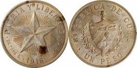 CUBA

CUBA. Silver Peso, 1916. Philadelphia Mint. NGC MS-63.

KM-15.2. This lovely survivor exhibits attractive mottled delicate champagne and lav...