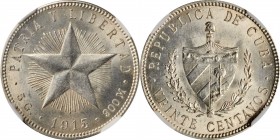 CUBA

CUBA. 20 Centavos, 1915. Philadelphia Mint. NGC MS-64.

KM-13.1. Variety with high relief and fine edge reeding. This attractive and lustrou...