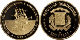 DOMINICAN REPUBLIC

DOMINICAN REPUBLIC. 500 Pesos, 1990. NGC PROOF-69 Ultra Cameo.

Fr-13; KM-79. AGW: 0.500 oz. Mintage: 1,500. Commemorating the...