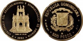DOMINICAN REPUBLIC

DOMINICAN REPUBLIC. 500 Pesos, 1992. NGC PROOF-69 Ultra Cameo.

Fr-21; KM-86. AGW: 0.500 oz. Mintage: 2,000. Commemorating the...
