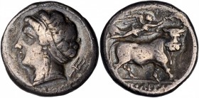 Neapolis

ITALY. Campania. Neapolis. AR Nomos (7.02 gms), ca. 275-250 B.C. NEARLY VERY FINE.

HN Italy-586. Obverse: Head of nymph left; pitchfork...