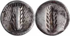 Metapontum

ITALY. Lucania. Metapontion. AR 1/3 Stater (1/3 Nomos - Drachm), ca. 540-510 B.C. VERY GOOD.

Noe-Class III, 79-84; HN-Italy 1468. Obv...