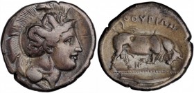 Thurium

ITALY. Lucania. Thurioi. AR Nomos (7.89 gms), ca. 400-350 B.C. CHOICE VERY FINE.

HN Italy-1791c. Obverse: Helmeted head of Athena right;...