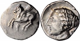 Corinth

CORINTHIA. Corinth. AR Drachm (2.37 gms), ca. 350-300 B.C. NEARLY EXTREMELY FINE.

Obverse: Pegasos flying left; Reverse: Head of Aphrodi...