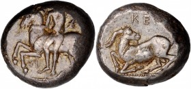 Celenderis (Tchelindre)

CILICIA. Kelenderis. AR Stater (10.76 gms), ca. 430-420 B.C. CHOICE VERY FINE.

SNG BN-46. Obverse: Nude youth, holding w...