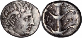 Cyrene

KYRENAICA. Kyrene. AR Didrachm (7.57 gms), ca. 308-305 B.C. VERY FINE.

SNG Cop-1236; BMC-234-7. Obverse: Head of Karneios right; Reverse:...