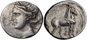 Carthage

CARTHAGE. Second Punic War. BI 1/4 Shekel (1.94 gms), ca. 220-205 B.C. NEARLY EXTREMELY FINE.

MAA-78; SNG Cop-335. Obverse: Wreathed he...