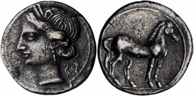 Carthage

CARTHAGE. Second Punic War. BI 1/4 Shekel (1.80 gms), ca. 220-205 B.C. CHOICE VERY FINE.

MAA-78; SNG Cop-335. Obverse: Wreathed head of...